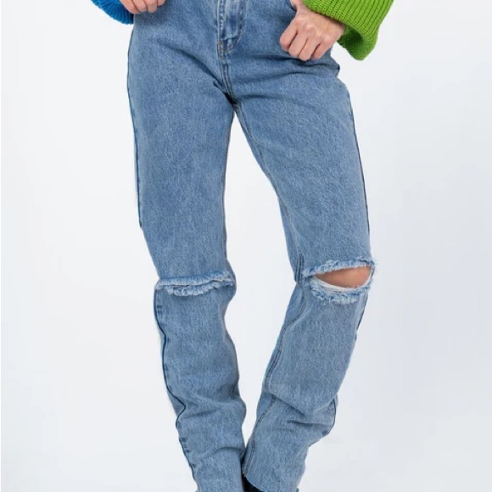 Princess Polly Blue Straight Leg Jeans Distressed